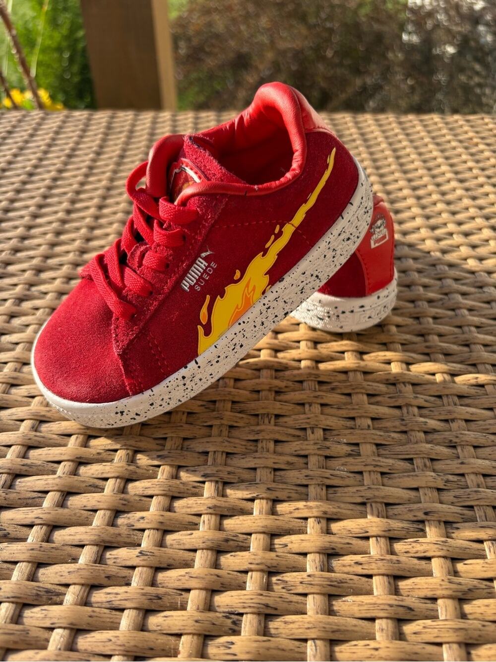 Puma Kids' Red Suede Paw Patrol Sneakers with Yellow Flame Accent-size 7
